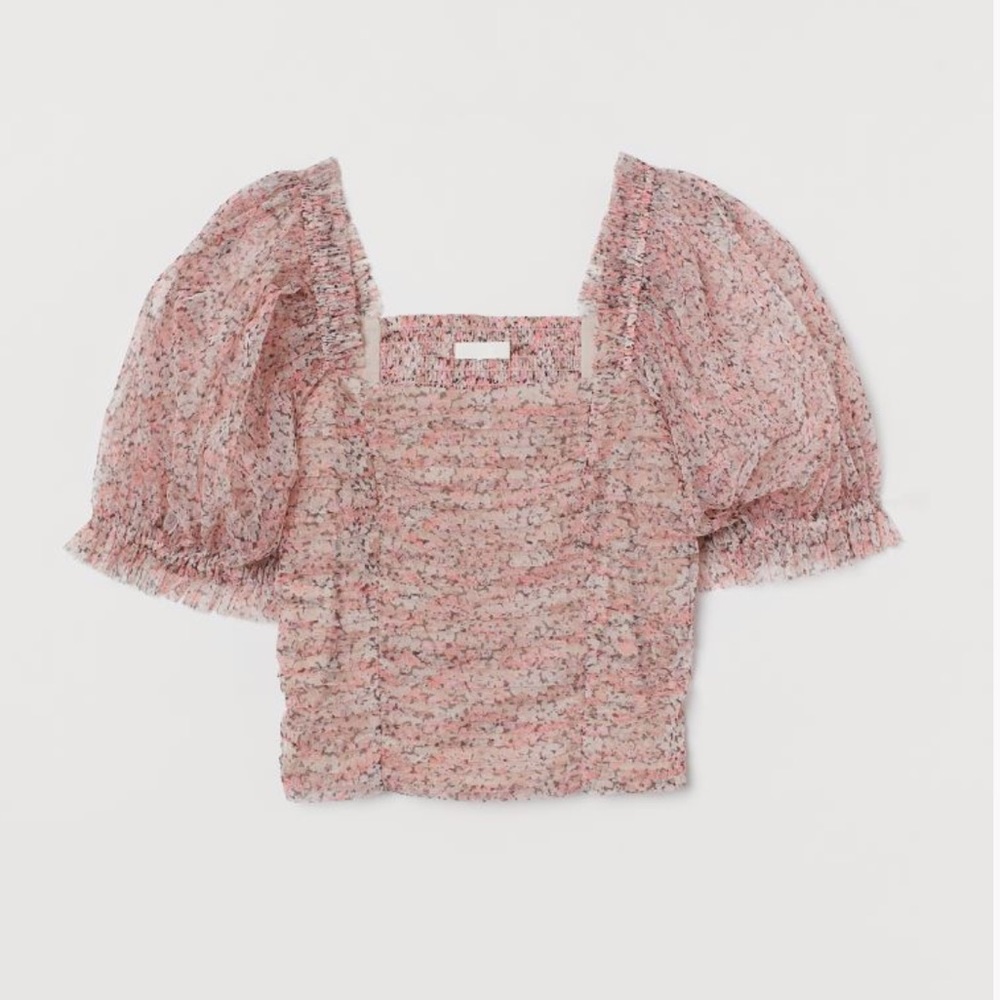 H&M Puff-sleevedā Mesh Top Light pink/floral Size XS NWT/NEW